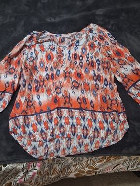 beachlunchlounge Orange, Blue and White Printed Peasant Blouse
